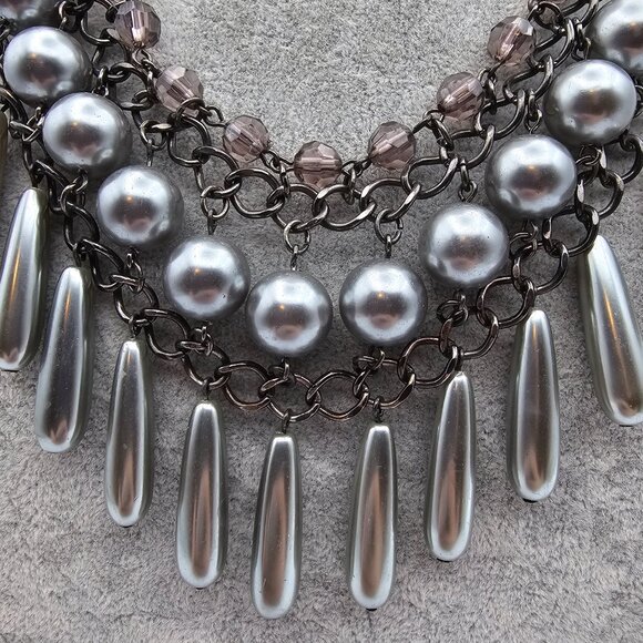 Chandelier Necklace with Blackened Metal, Faux Gray Pearls & Beads - 16" - 19" - Picture 5 of 7